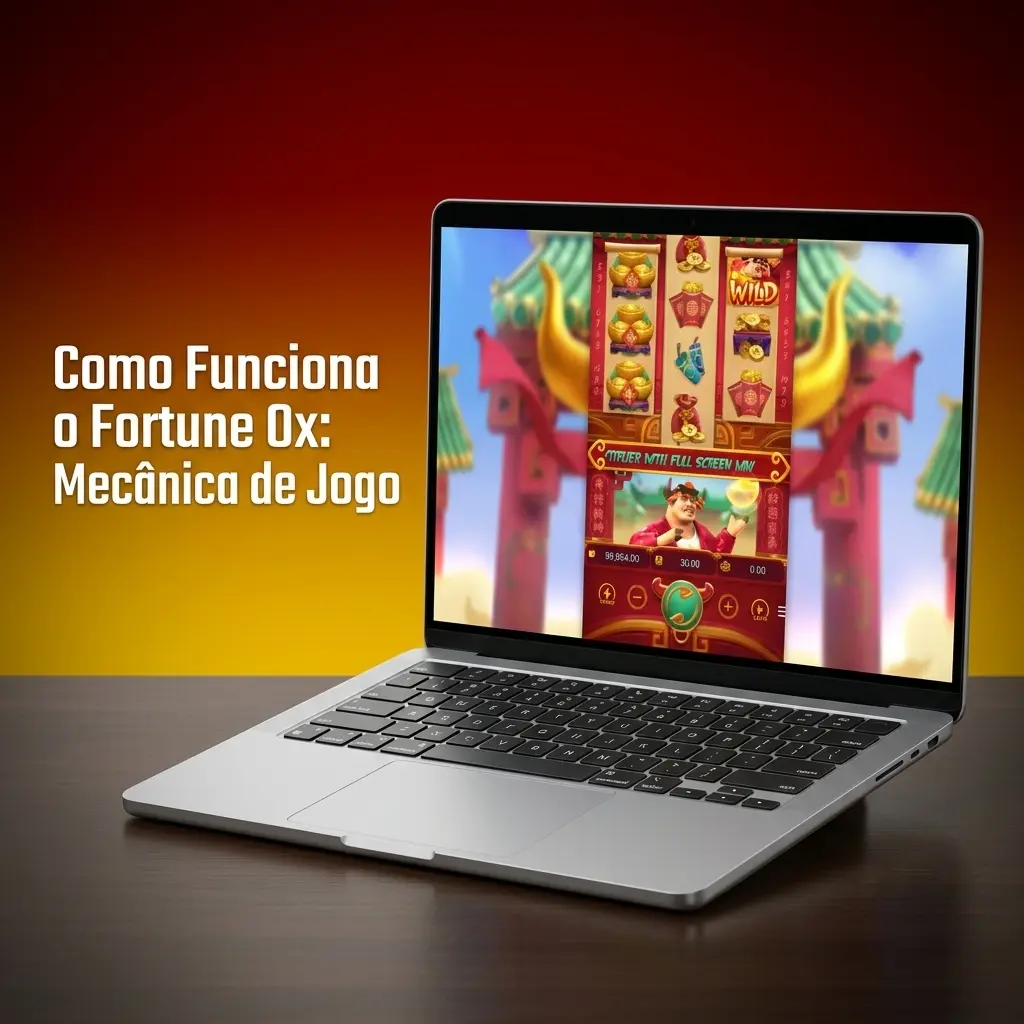 Grade 3x3 do Fortune Ox com boi dourado, lanternas e moedas, mostrando mecânica de multiplicadores e linhas de pagamento