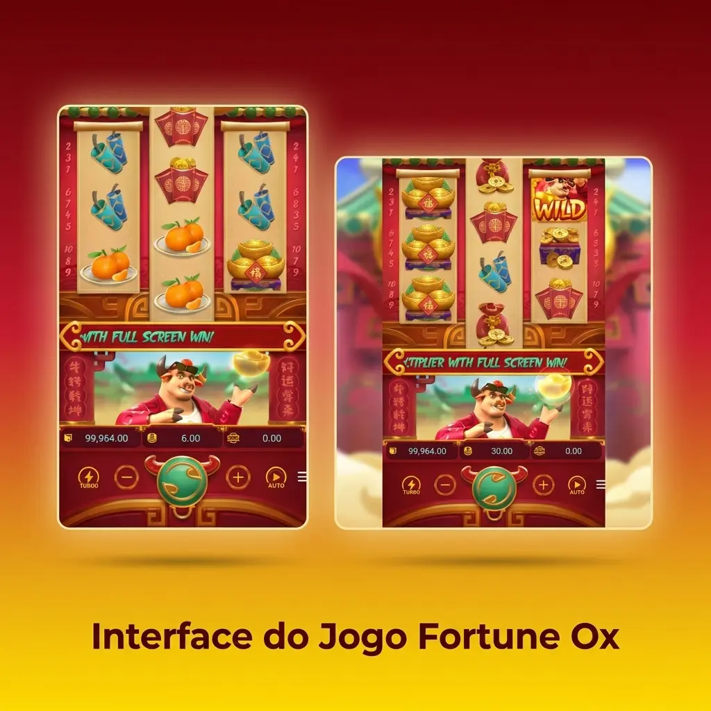 Interface do jogo Fortune Ox com boi dourado, controles de aposta na parte inferior e animações fluidas